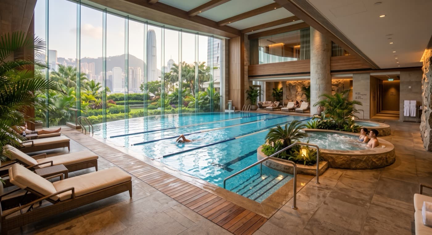香港室內泳池及會所,落地玻璃外為市區景觀